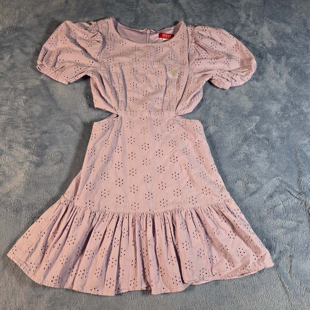 Guess Girls Size 7 Lavender Eyelet Cutout Puff Sleeve Ruffle Dress